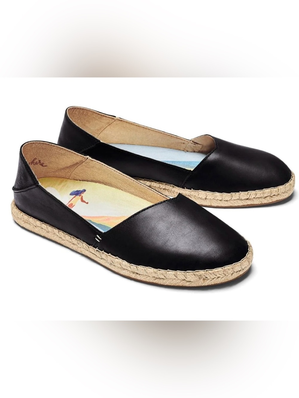 Olukai Kaula Black Leather Espadrille Shoes Slip On 9